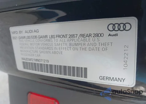 2021 Audi A6 Premium 45 Tfsi Quattro S Tronic/Sport Premium 45 Tfsi Quattro S Tronic from USA, damaged, VIN WAUD3AF21MN071219